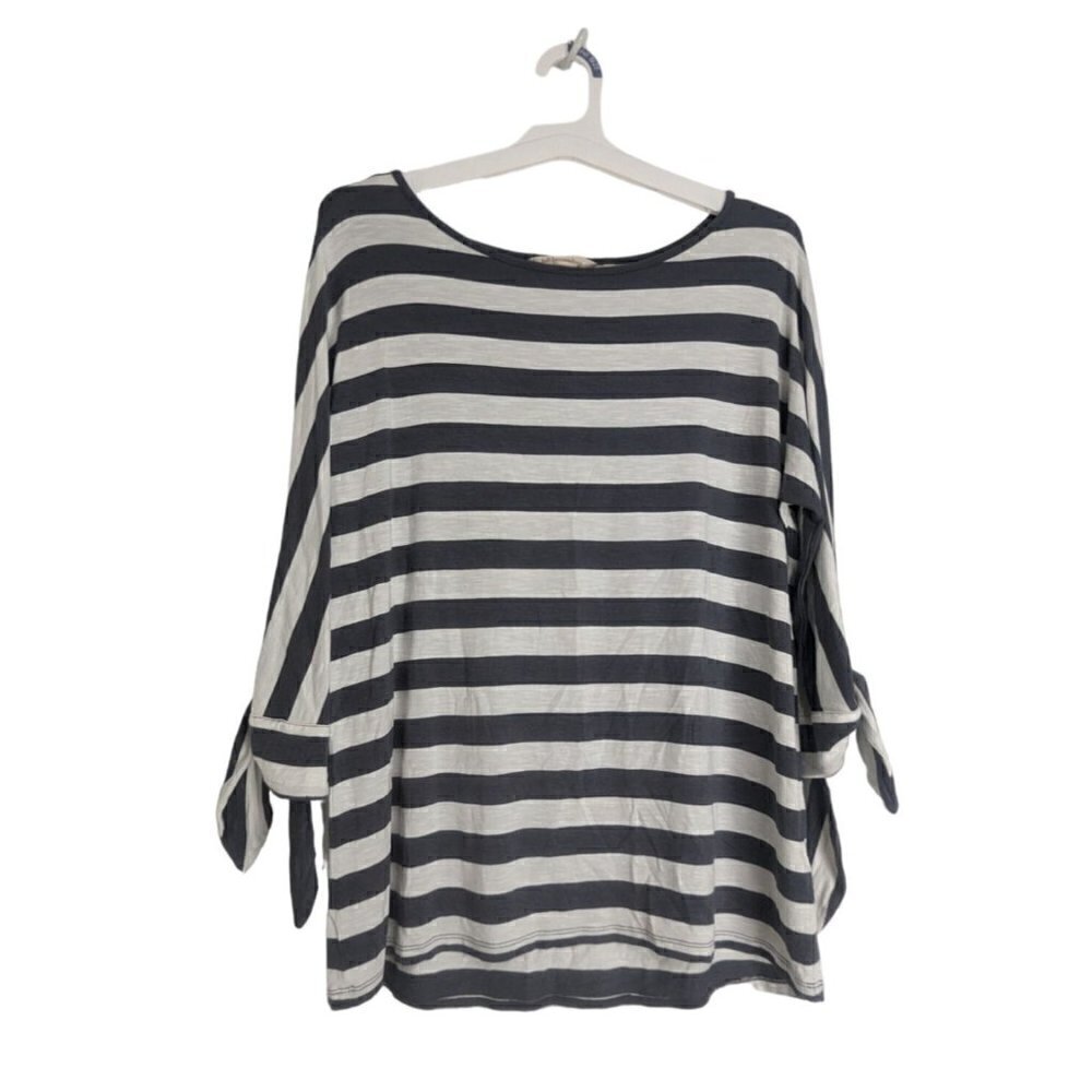 Soft Surroundings Adrift Striped Top Medium Gray White 3/4 Sleeve Nautical Ties